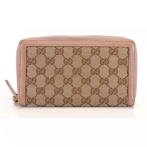GUCCI Zip Around Wallet in Mauve Pink Leather Trimmed Beige GG Canvas | Women